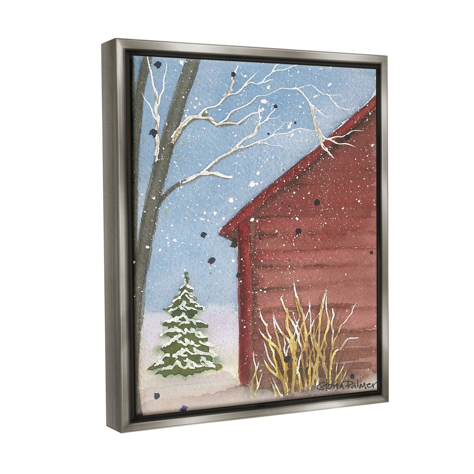 Stupell Industries Winter Snowy Cabin Holiday Painting Gray Floater Framed Canvas Art Print Wall Art, 25 x 31