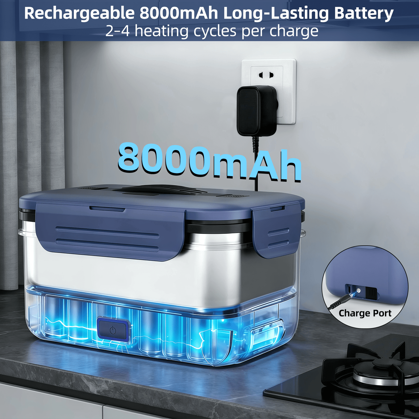 Cordless Electric Lunch Box for Adults, 8000mAh Rechargeable Auto Heated Lunch Box, 1.8L Portable Self-Heating Food Warmer for Office & Outdoor Use，70W Lonchera Eléctrica Portátil for Christmas White