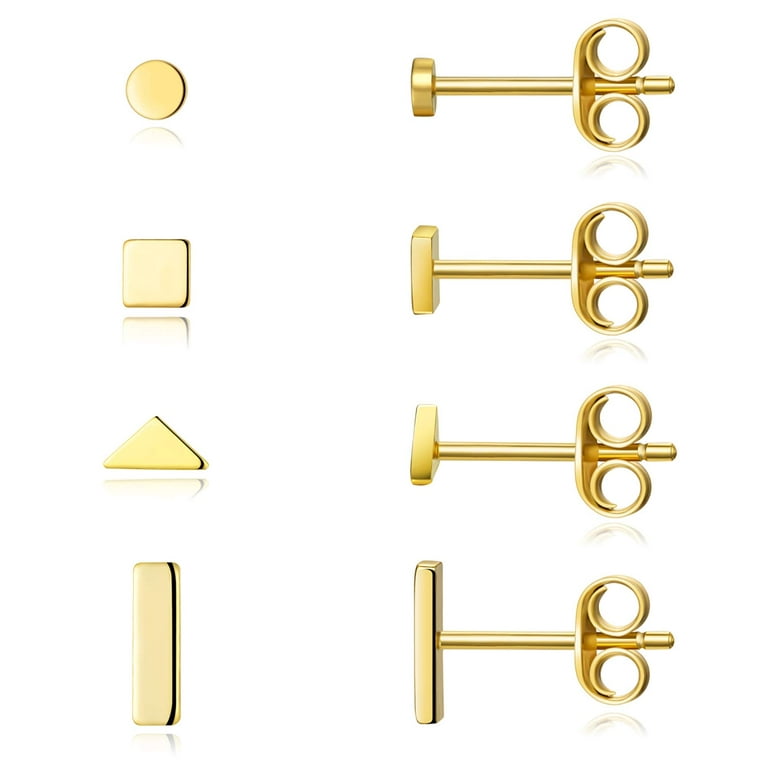 Sterling Silver Stud Earrings for Women Men- 4 Pairs of Hypoallergenic  Simple Geometric Small Stud Earring Set Tiny Circle Triangle Square Bar  Stud Earrings Mini Cartilage Tragus Earring(Gold) 