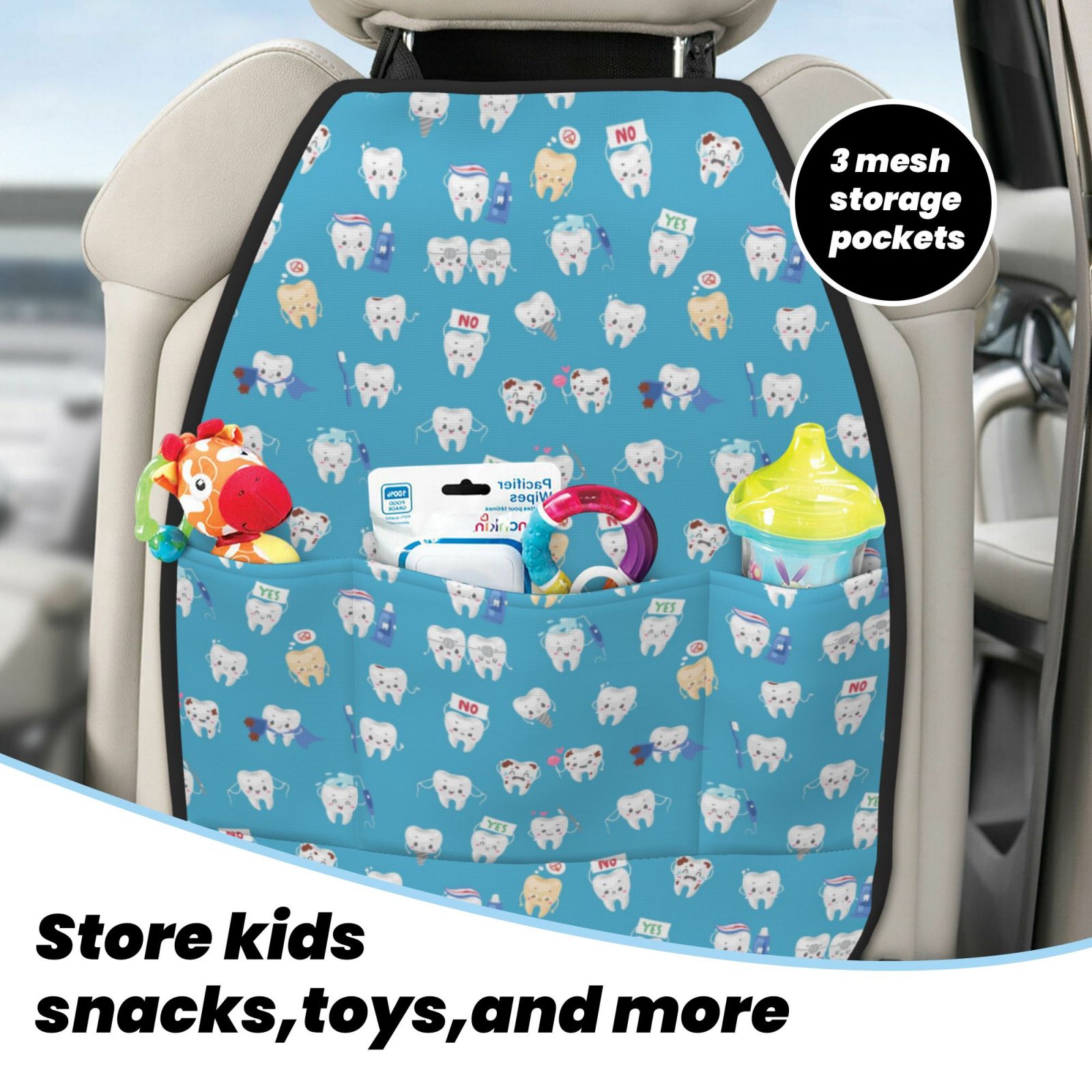 Xecao Healthy And Ill White Teeth Pattern Car Seat Back Protector 2 Pack Large Capacity Pocket, Kick Mats Back Seat Protector