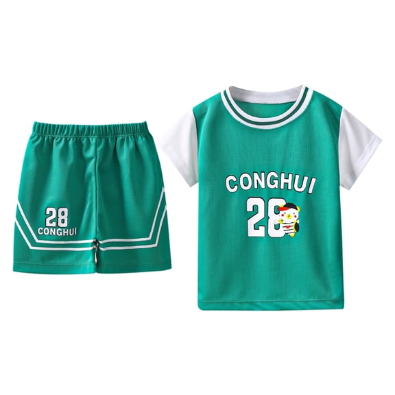 EnJoCho 2 Piece Kids Boys Basketball Jerse𝗒 Set Youth Letters Print Lightweight Basketball Short Sleeve Tops and Track Shorts