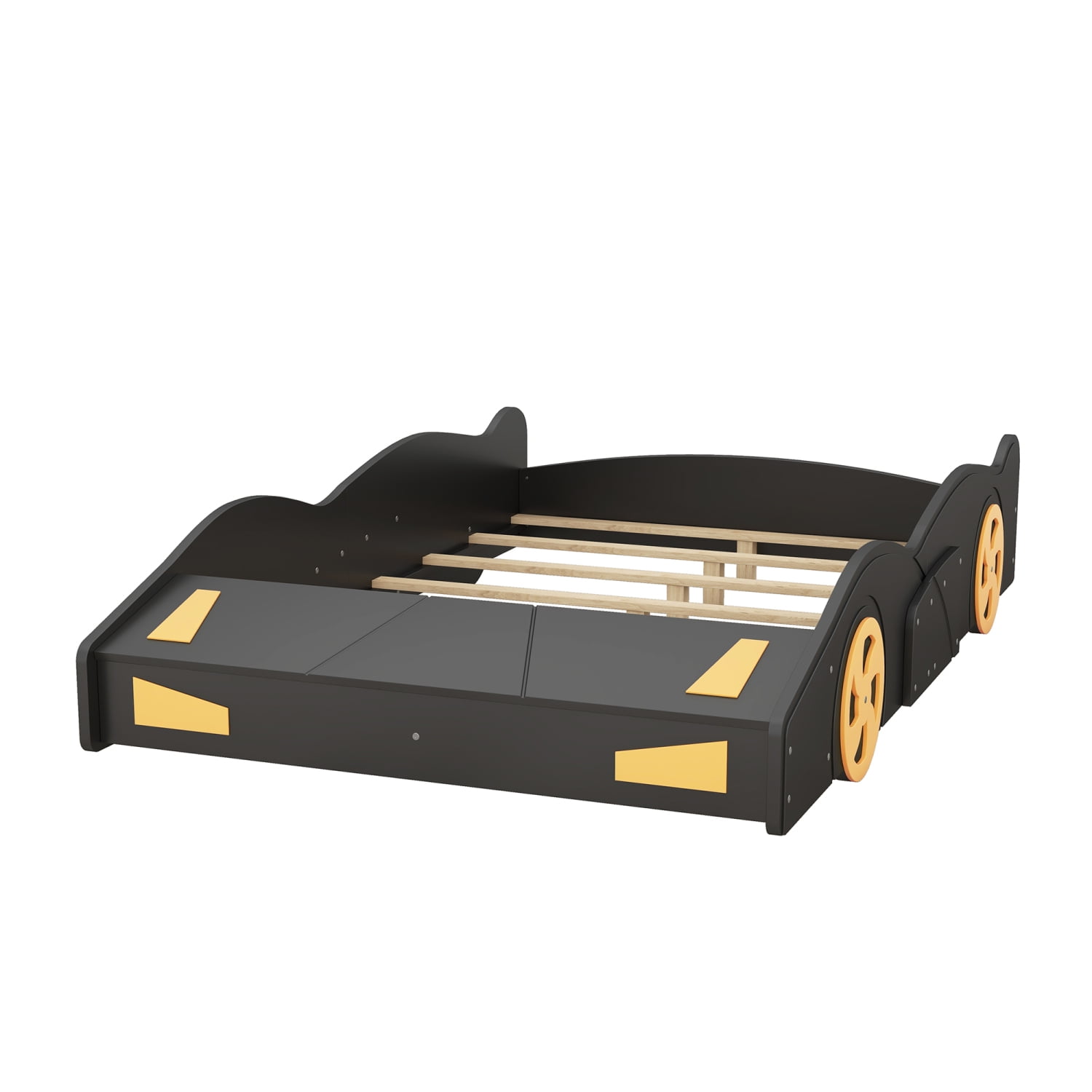 Harper & Bright Designs Full Size Race Car Bed Platform Bed for Kids, Wood Car-Shaped Kids Bed Frame with Storage and Wheels for Boys Girls, Black
