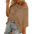 thumbnail image 3 of Womens Summer Scoop Neck Short Sleeve Sweater Casual Crochet Hollow Out Knit Tops Pullover Shirts Beach Coverup Womens Summer Boho Tops Khaki XXL, 3 of 9
