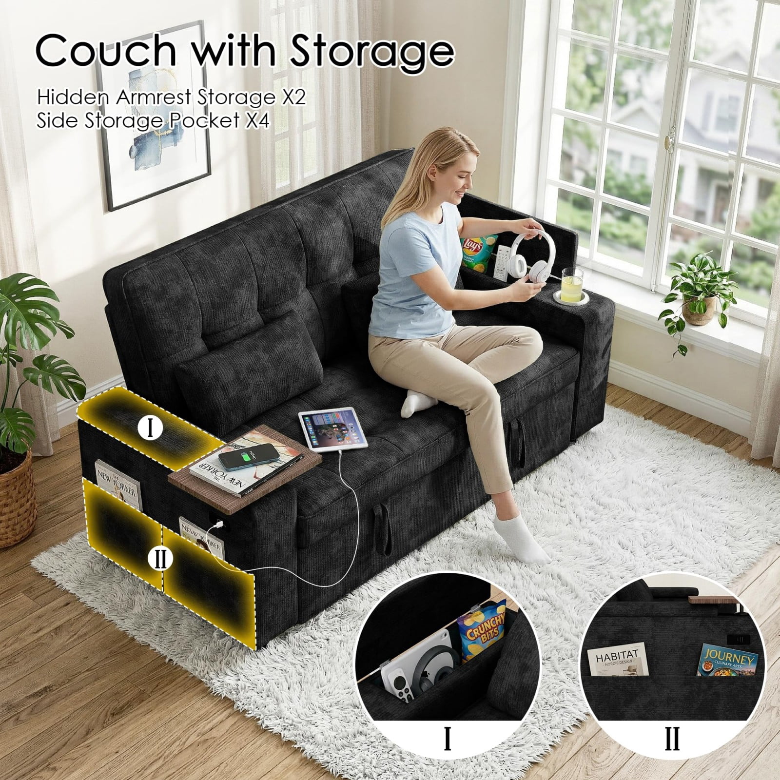 65" Sleeper Sofa Bed, 3 in 1 Convertible Pull Out Couch with Chenille Fabric, USB Ports, Storage Arms, Adjustable Backrest for Apartment Living Room, Black