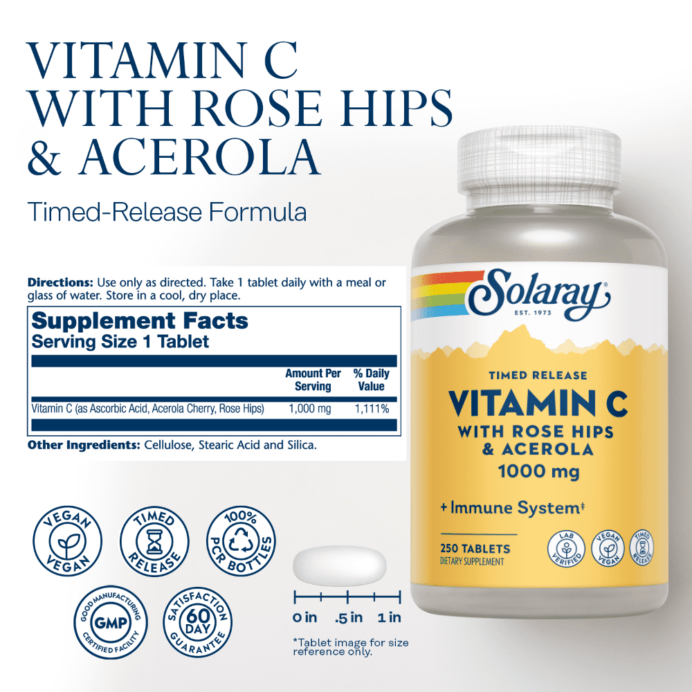 SOLARAY Vitamin C 1000mg Timed Release Capsules with Rose Hips & Acerola Bioflavonoids, Two-Stage for High Absorption & All Day Immune Function Support, 60 Day Guarantee (50 Servings, 250 Tablets)