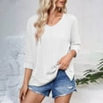 thumbnail image 2 of Summer Fashion Plus Size Womens 3/4 Sleeve Tops Trendy Clothes 2025 Round Neck Patchwork Lace Sleeves Solid Color Up to 65% off!, 2 of 5