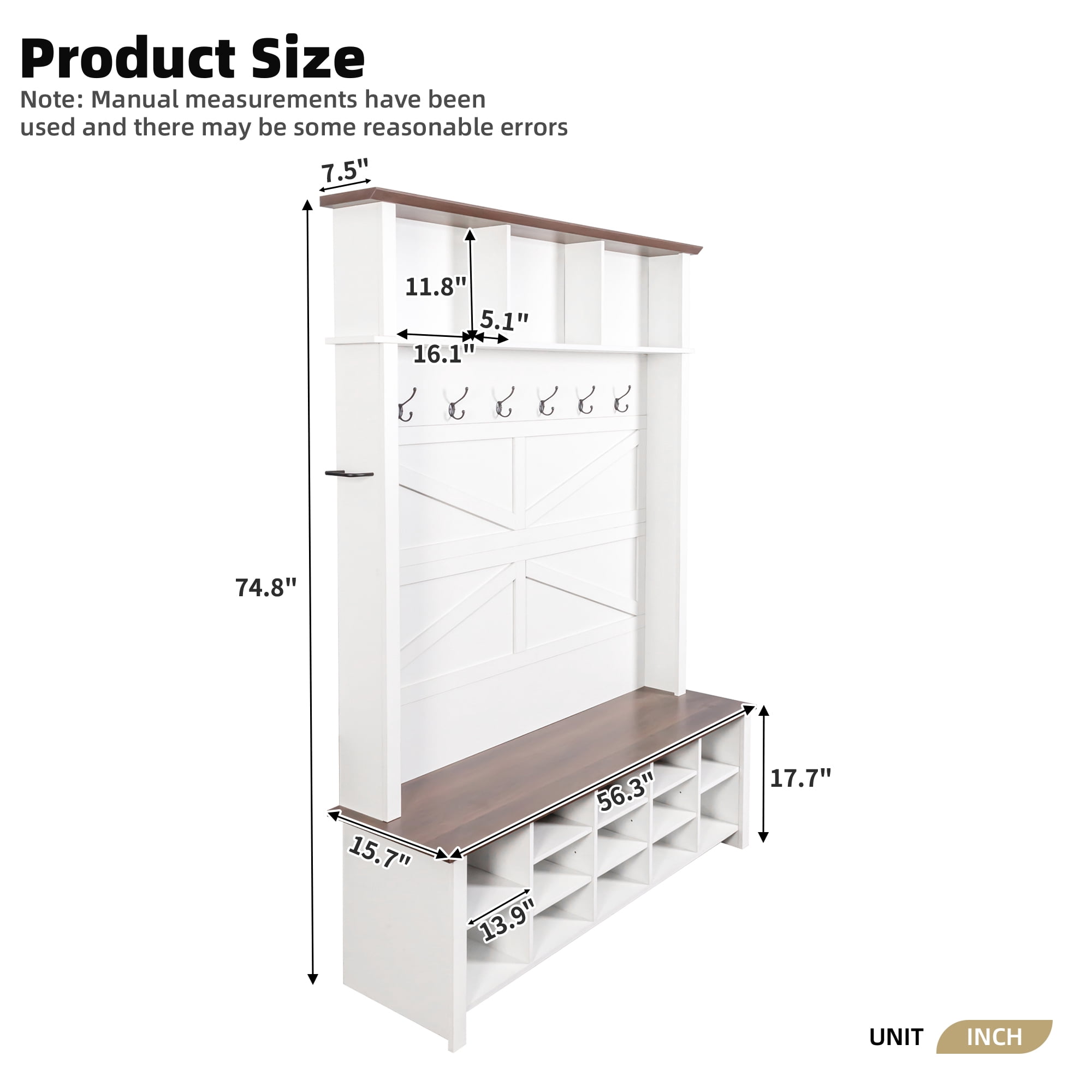 Euroco Farmhouse Hall Tree with 6 Hooks,Adjustable Shelves and 16 Open Compartments