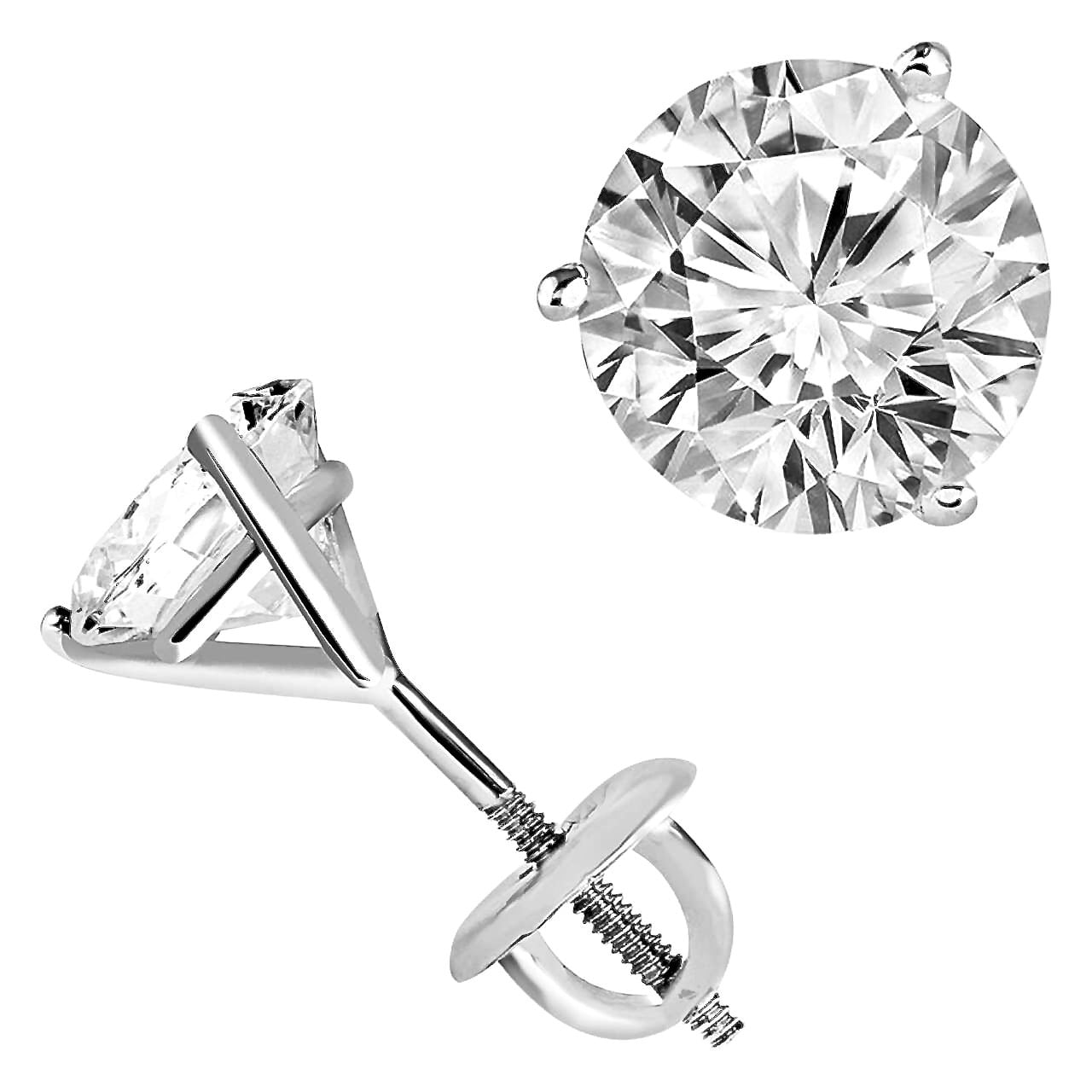 Round Solitaire White Gold Stud Earrings 1ct Martini 3-Prong Screw Back 