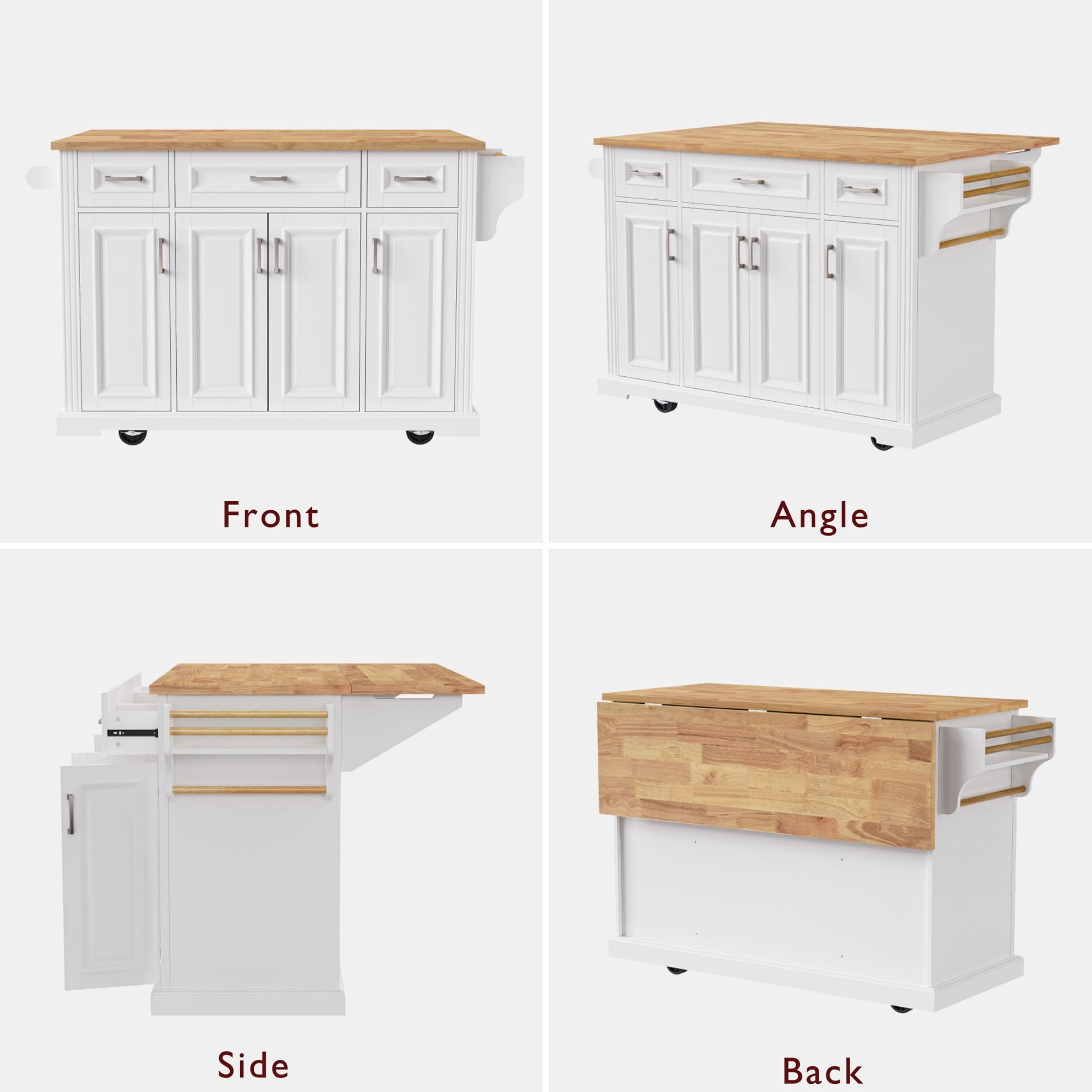 Chords Attic 54-inch Large Kitchen Island with Rubber Wood Drop Leaf, Rolling Kitchen Cart on 4 Wheels with 4 Doors and 3 Drawers for Dining Room