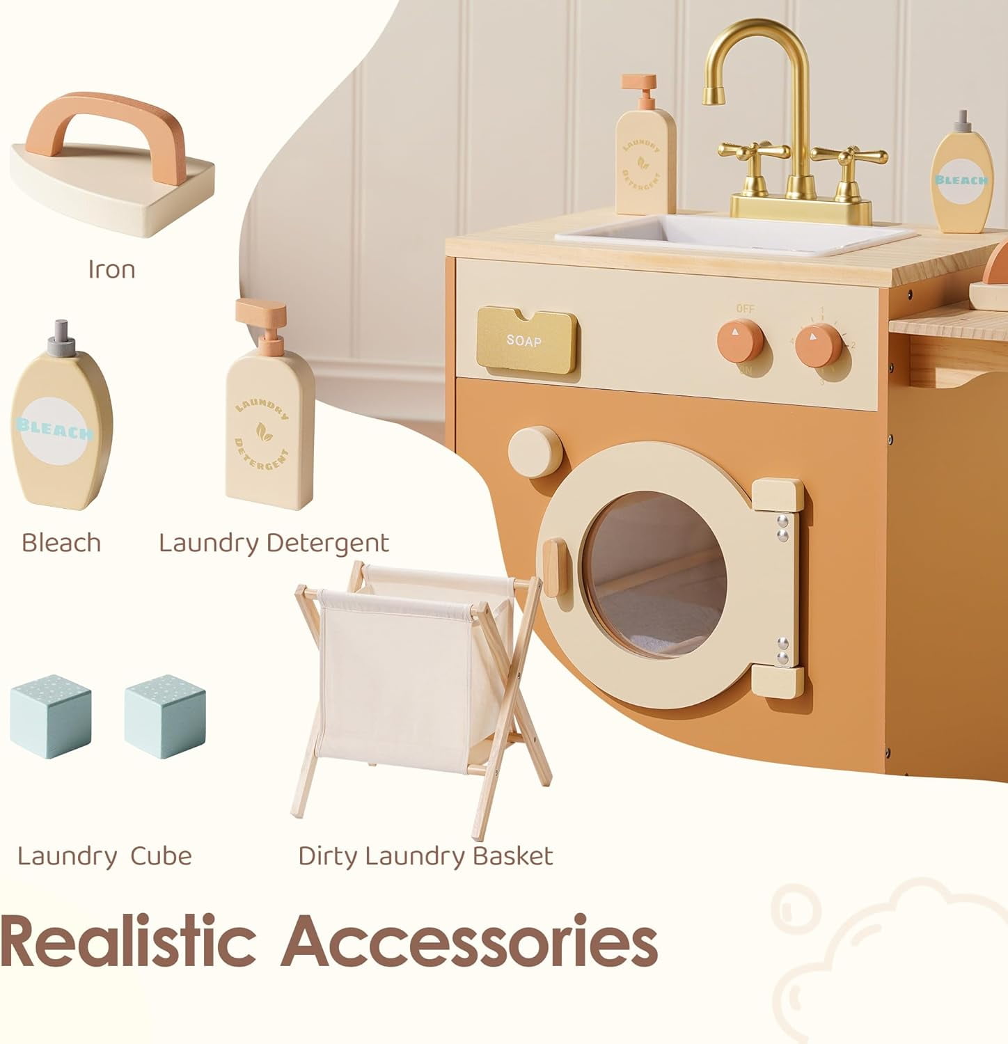 Robud Kitchen Washer Playset Pretend Play Toy Washing Machine with Clothes Basket, Iron and Sink for Kids Age 3+,Caramel
