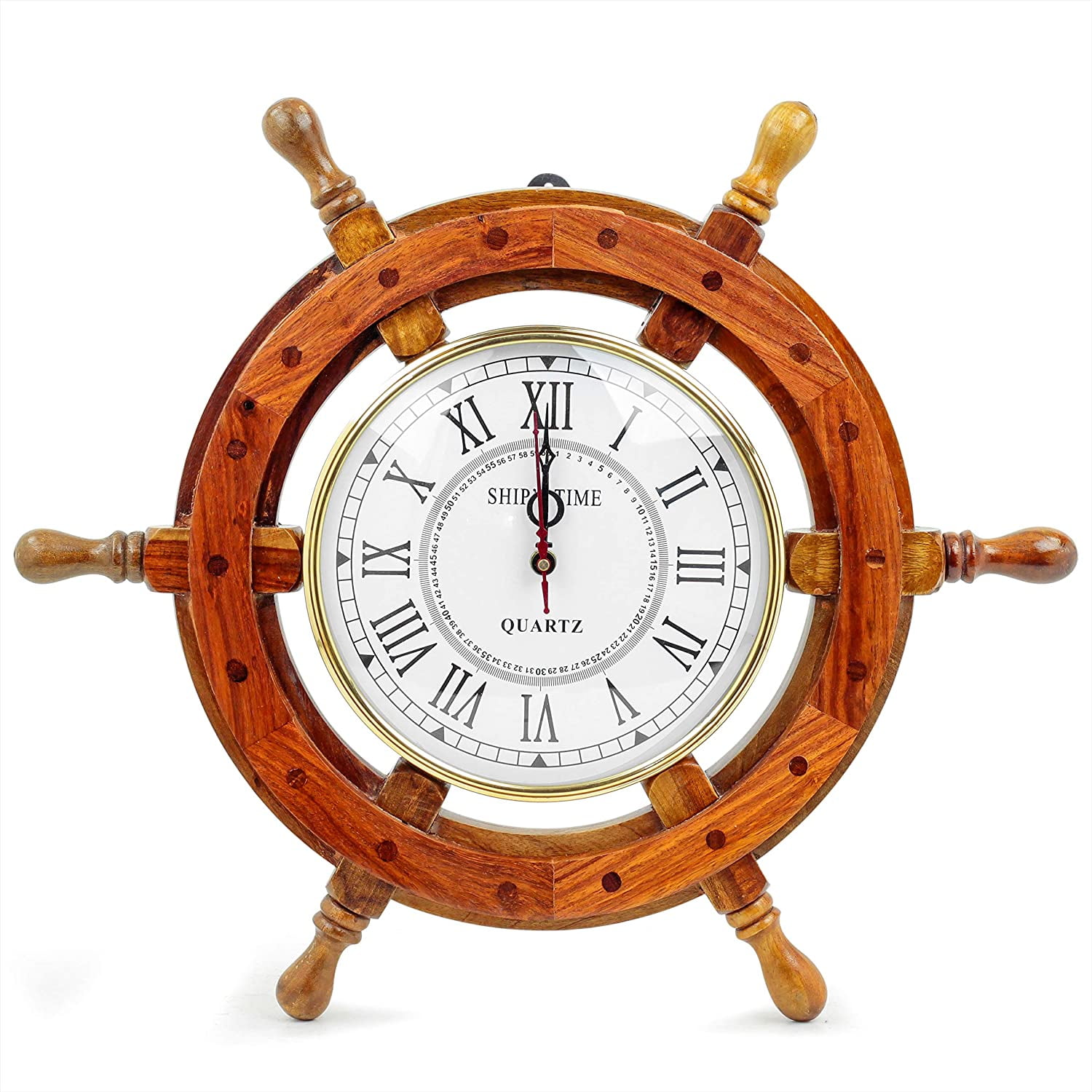 Wooden Clock Ship Wheel (White Roman Dial) 12 Inches