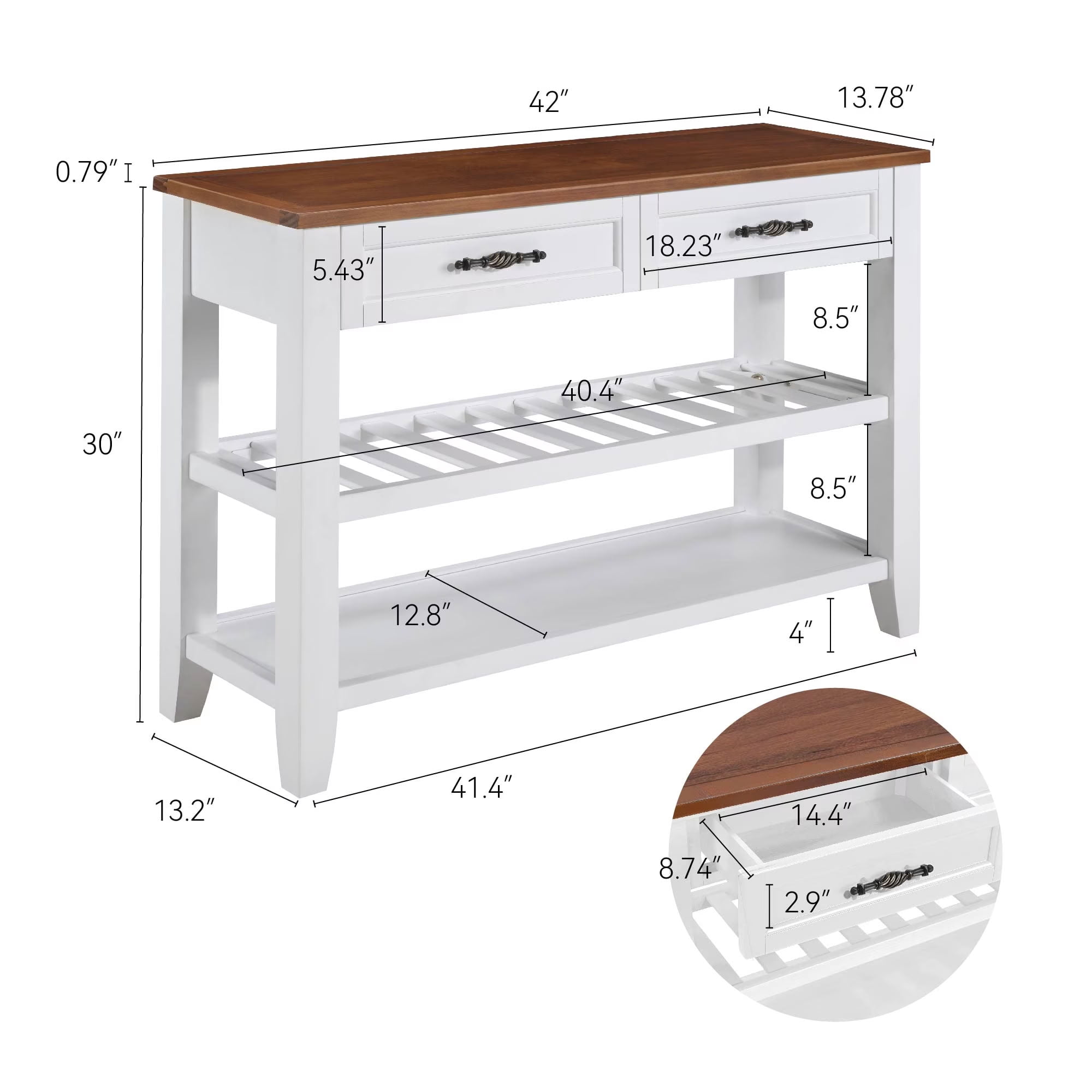 MAYEERTY Retro Console Table with 2 Drawers and Shelves, Solid Pine Wood Table for Living Room, Entryway, Hallway