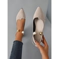 thumbnail image 1 of Women Faux Pearl Decor Point Toe Ankle Strap Flats, Elegant Apricot Faux Suede Pumps, 1 of 5