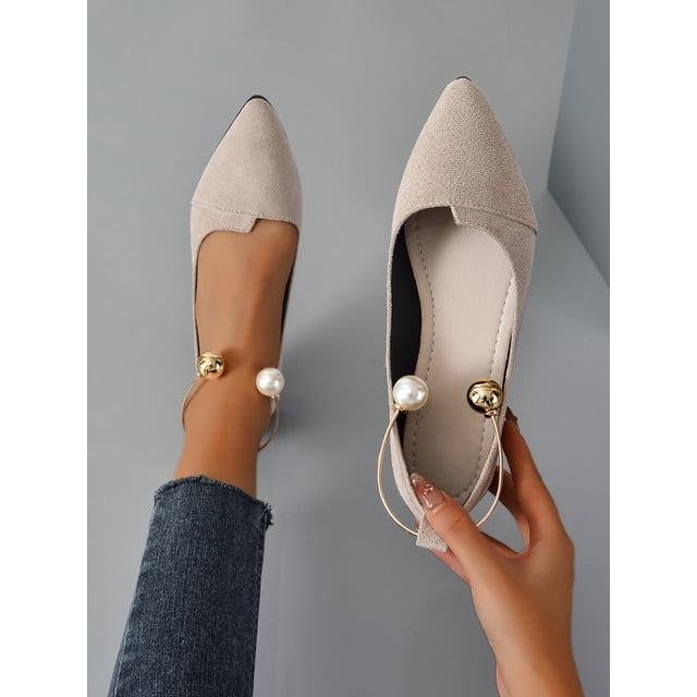 Women Faux Pearl Decor Point Toe Ankle Strap Flats, Elegant Apricot Faux Suede Pumps