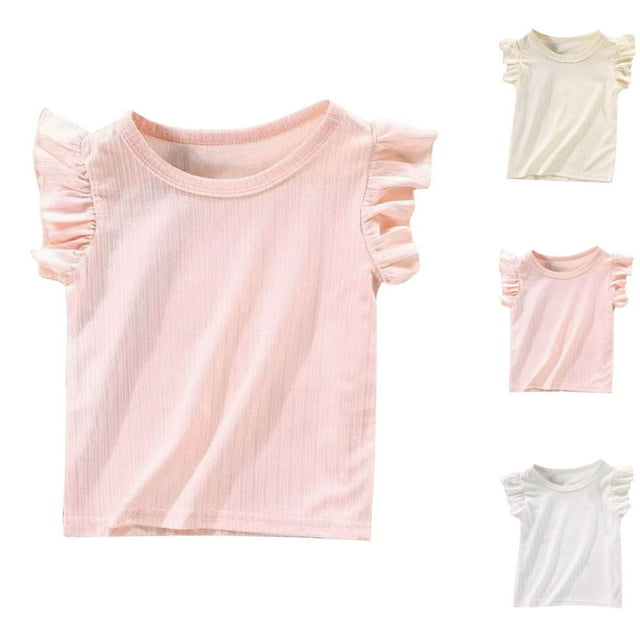 Hinvhai Chemises à Manches à Volants pour Filles en Liquidation Coton Mignon Hauts Col Rond T-Shirts d'Été Jaune 2 Ans