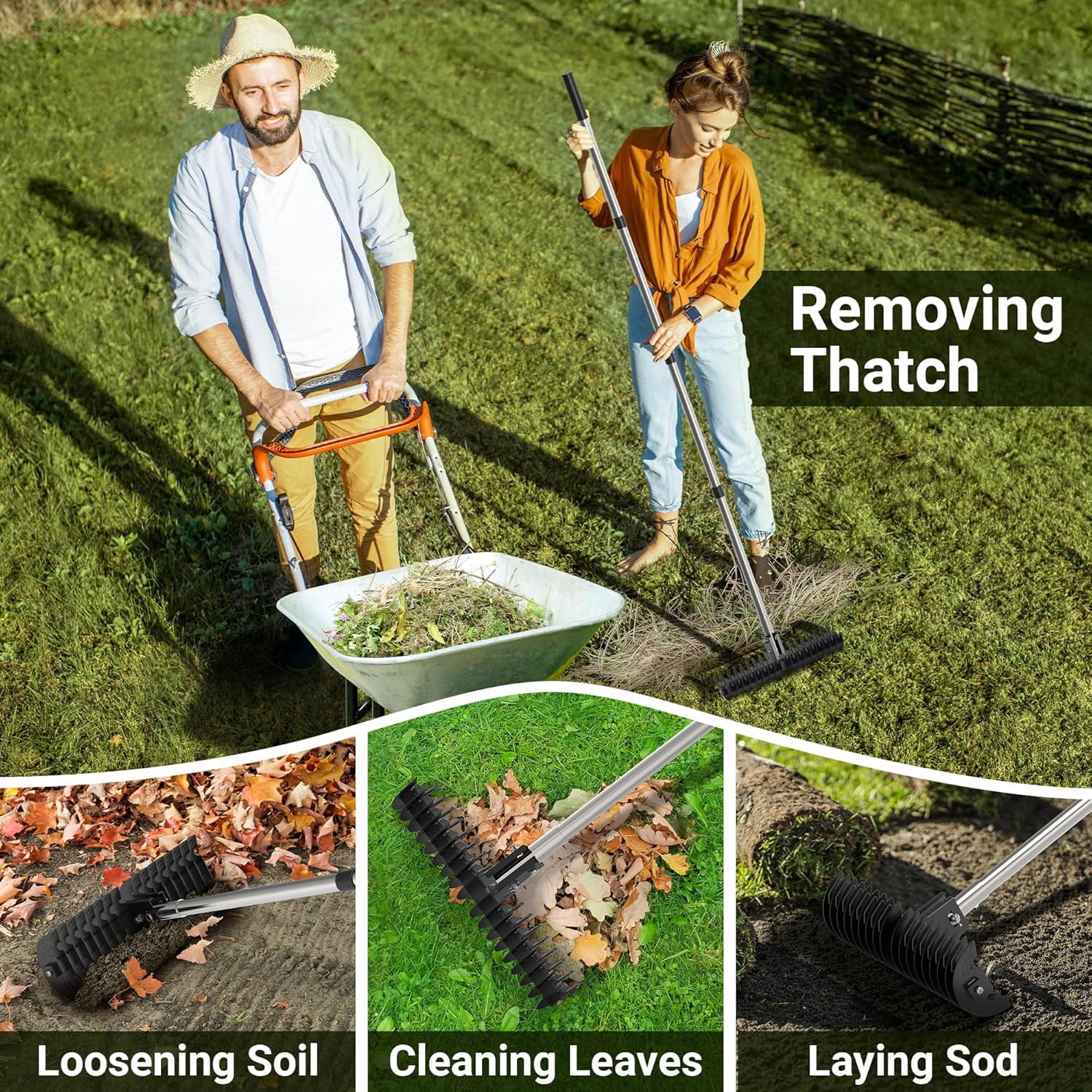 JouZYA Lawn Thatch Rake, 15-Inch Steel Dethatcher, Adjustable 0-15° Angle & 38-68" Length, Heavy-Duty Yard Tool for Dead Grass Removal & Lawn Care