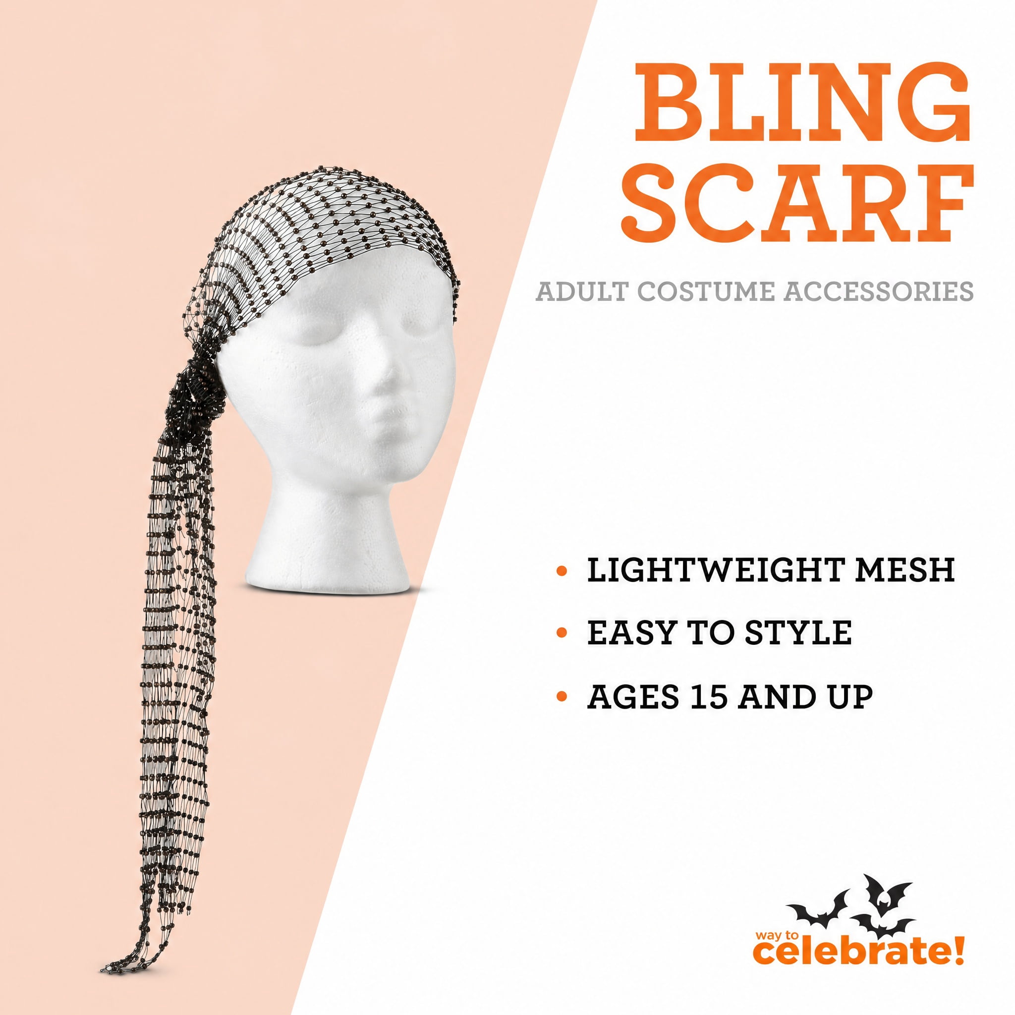 Bling Scarf Costume Accessory for Adults, Black and Gold, Halloween by Way To Celebrate