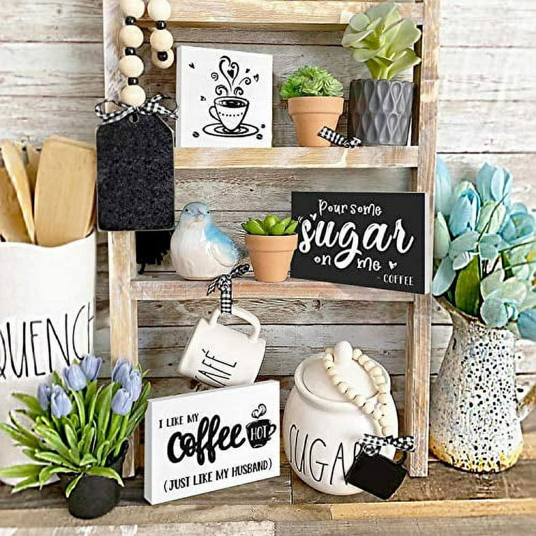 Huray Rayho Coffee Decor for Coffee Bar Spring Tiered Tray Decor Book Stack  with Wooden Coffee Cup Ornament Fresh Brewed Coffee Decorative Wood Books