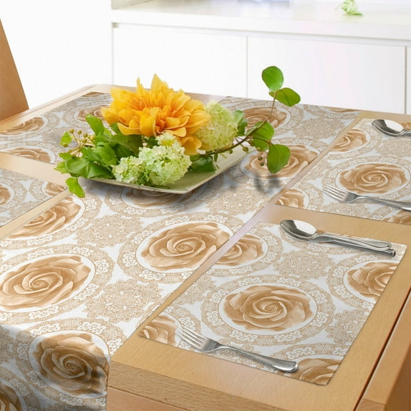 Ambesonne Floral Table Runner & Placemats, Rose Florets, Placemat 4 pcs Runner 12"x72", Sand Brown White