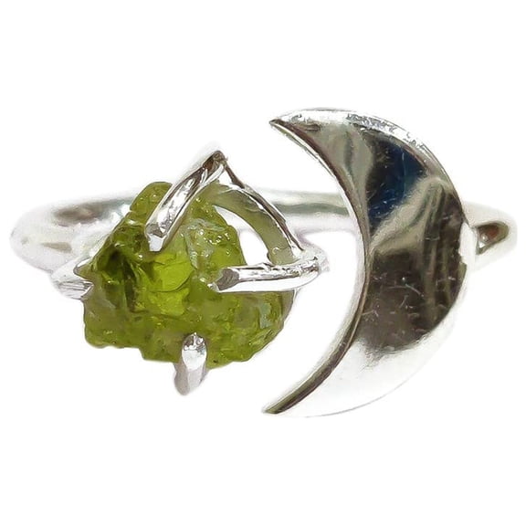 Natural Peridot Ring, Rough Peridot Gemstone Ring, August Birthstone, Crescent Moon, 925 Sterling Silver, Womens Ring, Christmas, Thanksgiving, Handmade, Statement Jewelry, Rough Gemstone Jewelry