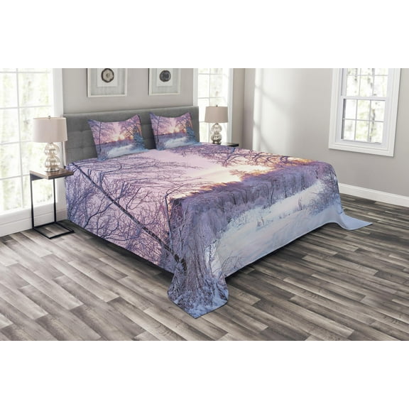 Ambesonne Landscape Quilted Bedspread Set 3 Pcs, Braches Snowy Sunset, King Size, Lavender Lilac White