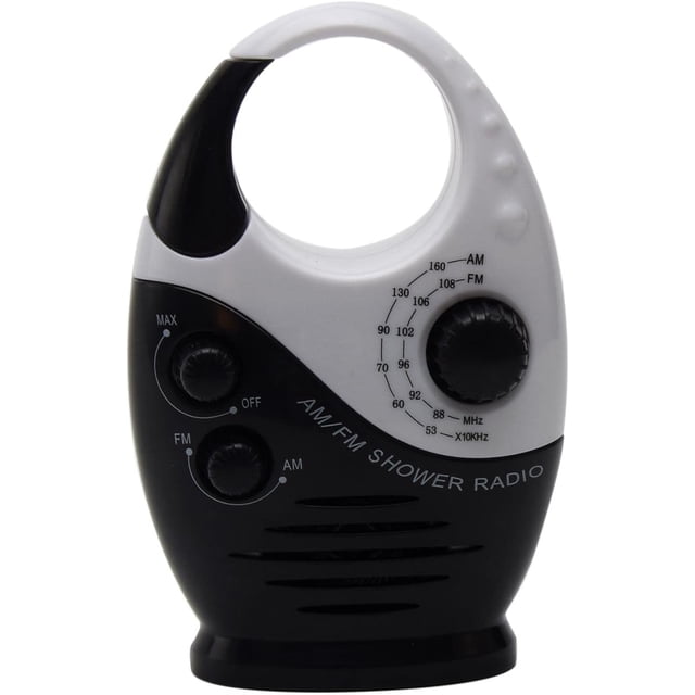 Radio de Douche, Mini Radio de Douche AM/FM avec Poignée Supérieure, Radio de Salle de Bain Suspendue Étanche avec Haut-Parleur Intégré et Volume Réglable pour Utilisation Intérieure et Extérieure de la Salle de Bain (Noir et Blanc)