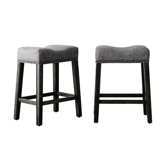 Roundhill Furniture CoCo 25.5" Counter Height Saddle Stool, Gray Fabric, Solid Rubberwood, Set of 2