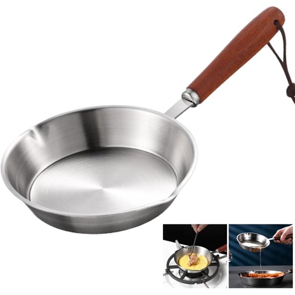 6 Inch Frying Pan, Mini Stainless Steel Nonstick Frying Pan Skillet for Cooking Omelets, Small Cooking Pan with Cooling Wood Handle for Cooktops Cooking Omelets, Eggs, Steaks