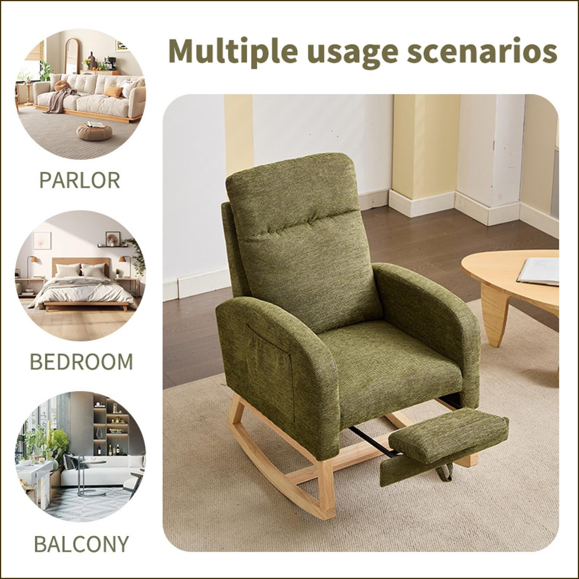 Rocking Chairs, Modern Upholstered Nursery Glider with Solid Wood Legs, High Backrest & Side Pocket | Polyester Blend | Teddy Fabric