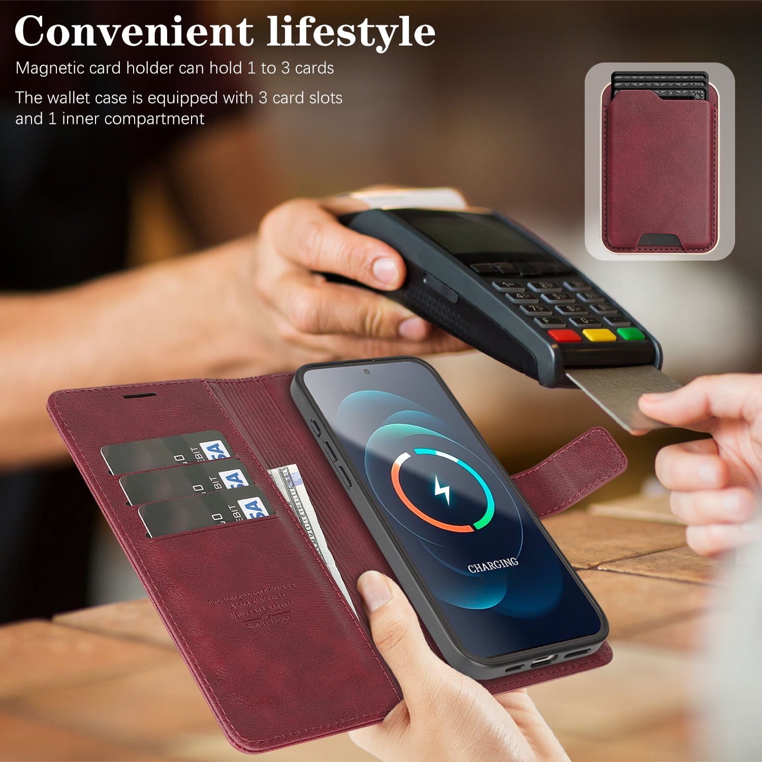 TECH CIRCLE 3-in-1 Phone Case for iPhone 15 Pro Max (2023 Release, 6.7"), Magnetic Flip Wallet Case with Detachable Magnetic Back Cover and Card Holder, Compatible with MagSafe Accessory, Red