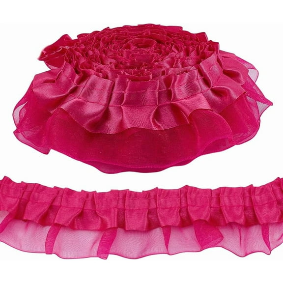 22 Yards Ruffle Trim 2-Layer Satin Pleated Edging Trimming 1.6 Inch Wide Fabric Lace Ribbon Pleated Chiffon Trims for Sewing DIY Crafts Dress Collars Decoration Cerise Colorful