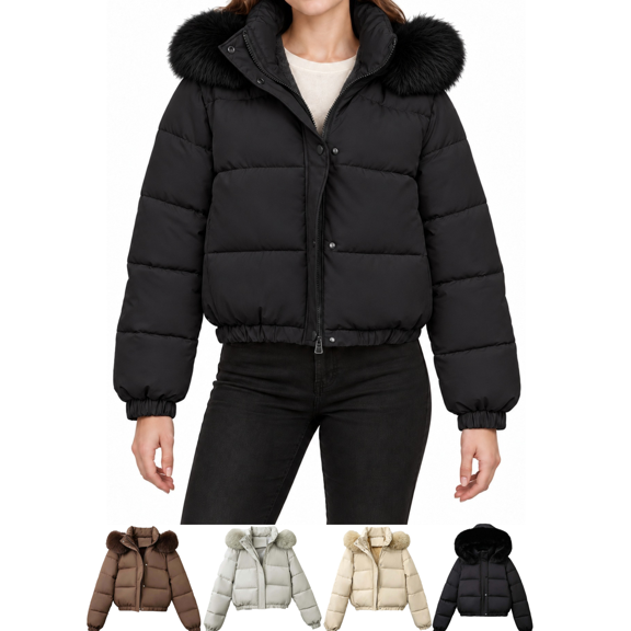 Xdegoge Womens Cropped Puffer Jacket with Hood Winter Warm Insulated Quilted Coat Full Zip Snap Button Short Outerwear for Daily Commute Vacation