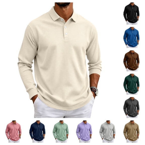 gzxflxpge Long-Sleeved Polo Shirts for Men Casual Classic Lapel Button Down Golf T-Shirt Trendy Relaxed Fit Pure Color Pullover for Outdoor Beige L