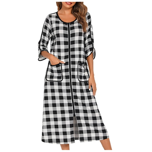 Peignoirs à Fermeture Éclair pour Femmes, Manches 3/4, Imprimés, Doux, Robe de Chambre Décontractée Ample, Robe de Nuit avec Poches
