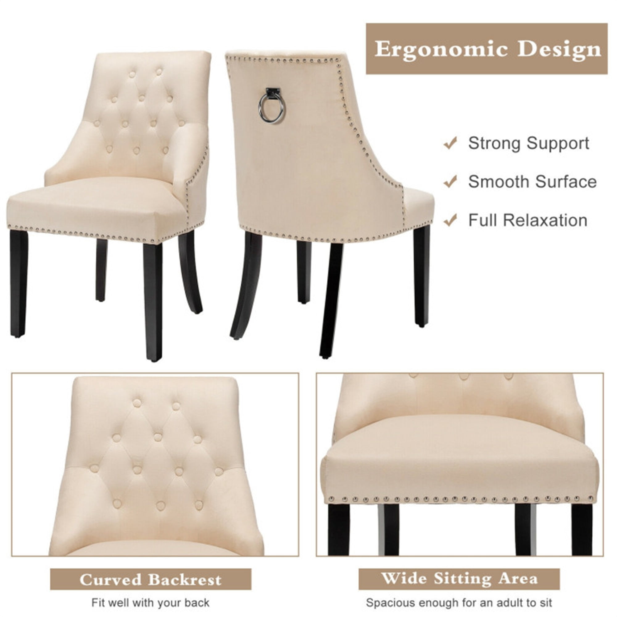 Demi Bonn Modern Upholstered Button-Tufted Dining Chair with Naild Trim and Backrest, Beige