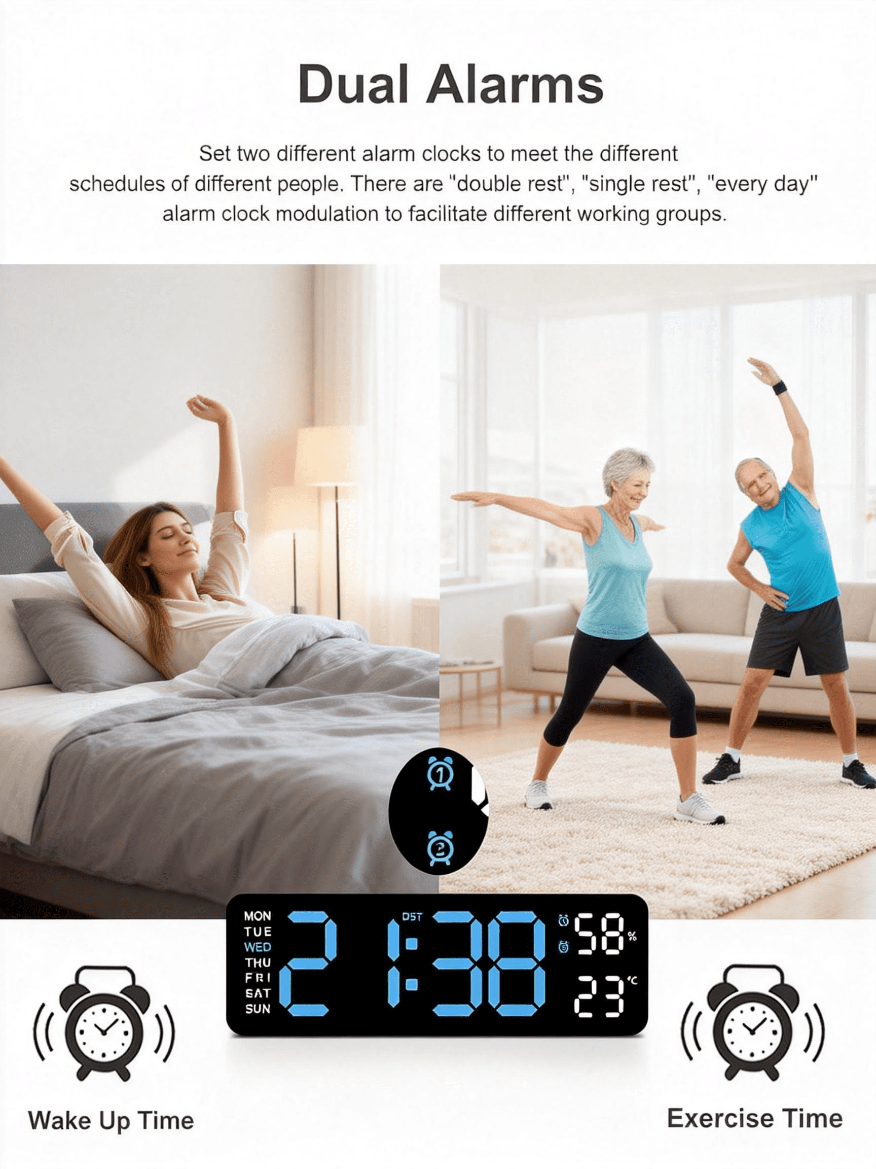 Digital Wall Clock Large LED Display Dual Alarm Temperature Humidity Auto Dimming Big Numbers Desk Clock Calendar Day Date Week Display Plug in Classroom Office Bedroom Living Room Kitchen Wall Mount