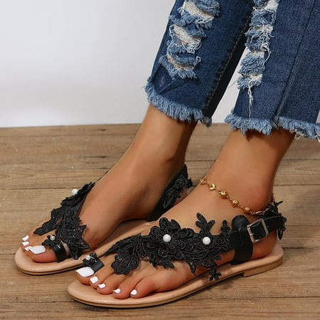 Tuobarr Womens Flat Sandals Summer Womens Lace Flower Open Toe Casual Shoes Flats Comfortable Roman Sandals Black US Size 9