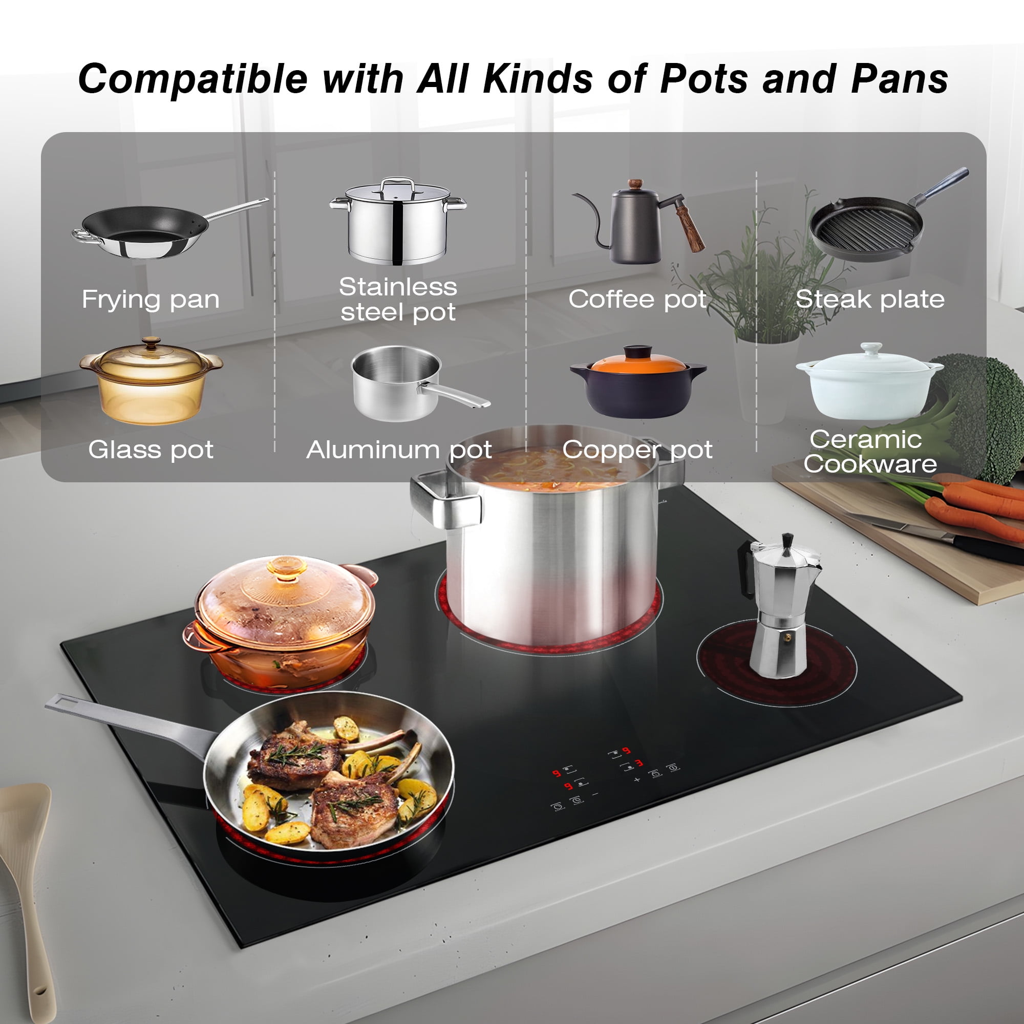 GIONIEN 30 Inch Electric Cooktop, 4 Burner Built-in Ceramic Glass Stove, Touch Control, 9 Power Levels, Child Lock, Timer, Overheat Protection, 220~240V Drop-in Electric Stove Top