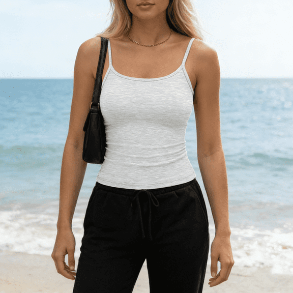 Women's Braless Tank Top Fitted Spaghetti Strap Cami for Going Out Workouts Y2K Cute Basic Top Gray S