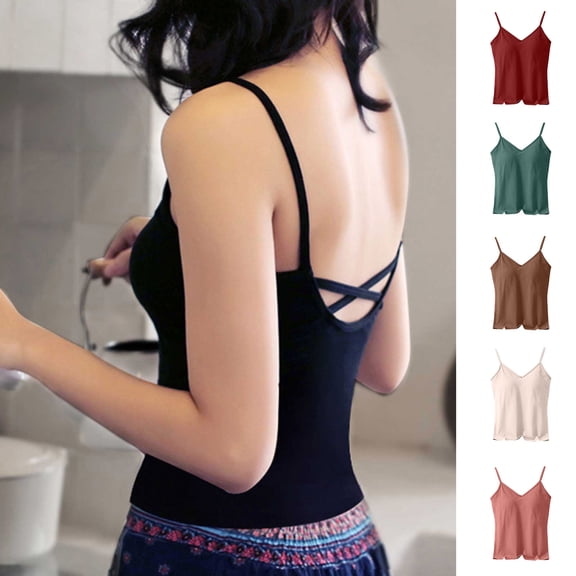 Einccm Women's Cross Back Tank Top with Built-in Chest Pads for Body Shaping, Solid Color Casual Camisole Vest in Soft Polyester, Fashion Fitted Top for Daily Wear and Leisure Activities