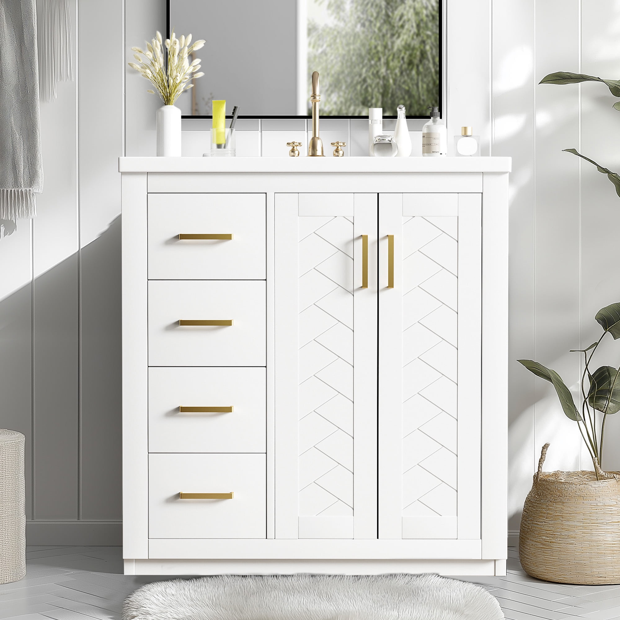 SogesPower 30" Bathroom Vanity with Ceramic Sink, Solid Wood Bathroom Makeup Cabinet with One Cabinet and 3 Drawers, FreeStanding Single Basin Vanity Set for Bathroom, White
