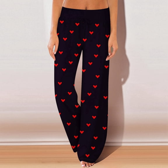 LEJHVAQK Valentine's Day Pajama Pants for Women Heart Printed Pjs Sleep Pants Comfort Waist Wide Leg Lounge Pants with Adjustable Drawstring