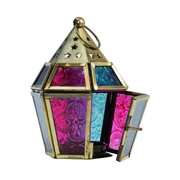 In the Breeze 9206 — Teal & Pink Mini Hex Tealight Lantern — Moroccan-Style Boho Chic Tealight Glass and Metal Tabletop Lantern