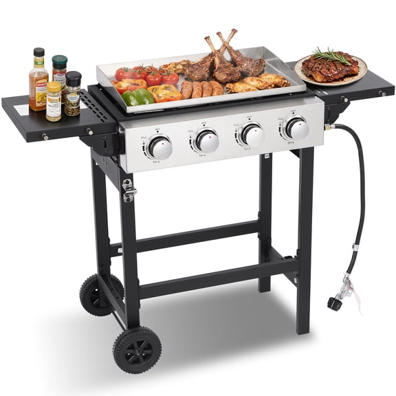 4-Burner Flat Top Gas Grill with Stainless Steel Griddle, Includes Cover & Regulator - Perfect for Camping, Tailgating, Backyards