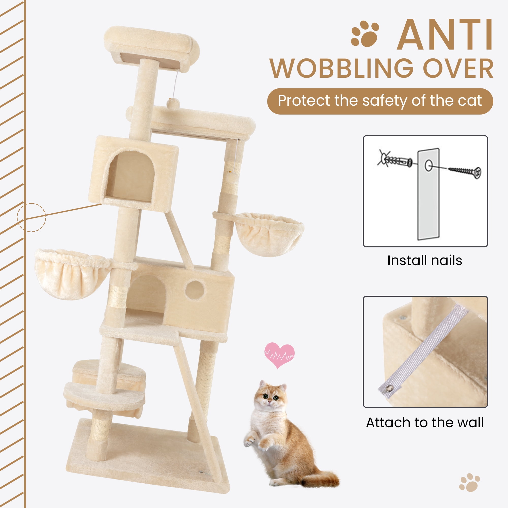 Merrland 65.7 " Large Cat Tree Tower Condo for Cats with 2 Scratching Ramps, Hammock & Scratching Posts, Beige