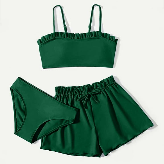 Girls Swimsuit 3 Piece Bikini Set Sleeveless Solid Color Bathing Suit Briefs Green 14-16 Years