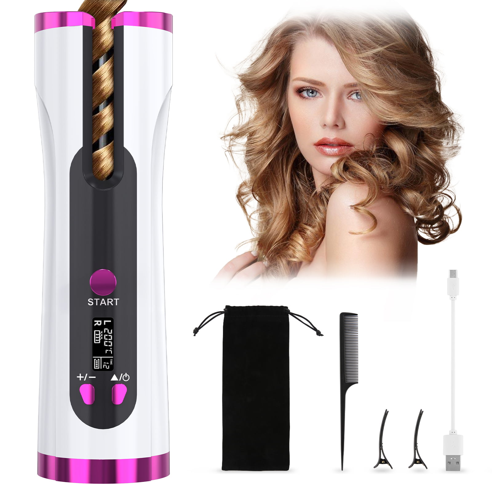 Oluk Cordless Hair Curling Iron, USB Rechargeable Automatic Hair Curler  with LCD Display for Curls or Waves 