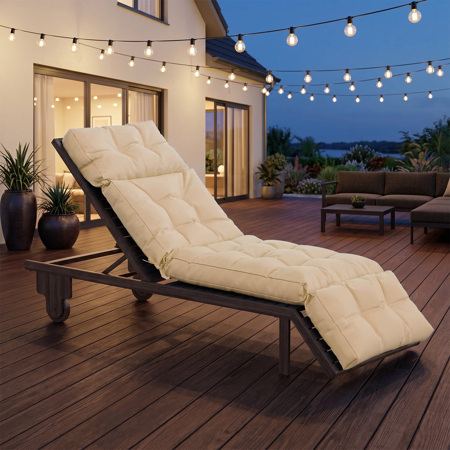 BaPiPro All-Weather Outdoor Chaise Lounge Cushion, Secure-Tie Patio Recliner Cushion with Plush PP Cotton Support for Patio, Poolside & Balcony, Beige