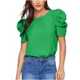 thumbnail image 2 of WAIIMAK Summer Womens Tops Solid Color Round Neck Blouse Pleated Puff Short Sleeve Tops, 2 of 6
