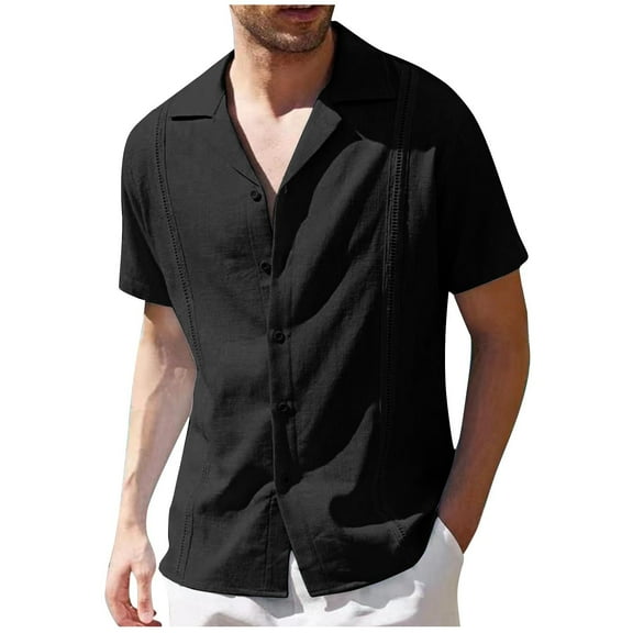 CHEEREAM Mens Linen Shirts Short Sleeve Button Down Shirts Cotton Summer Beach Cuban Shirts Vacation Hawaiian Shirts